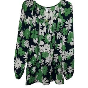 CHARTER CLUB WOMAN LONG SLEEVE ELASTIC WAIST BLOUSE, 0X-GREEN BLACK WHITE FLORAL